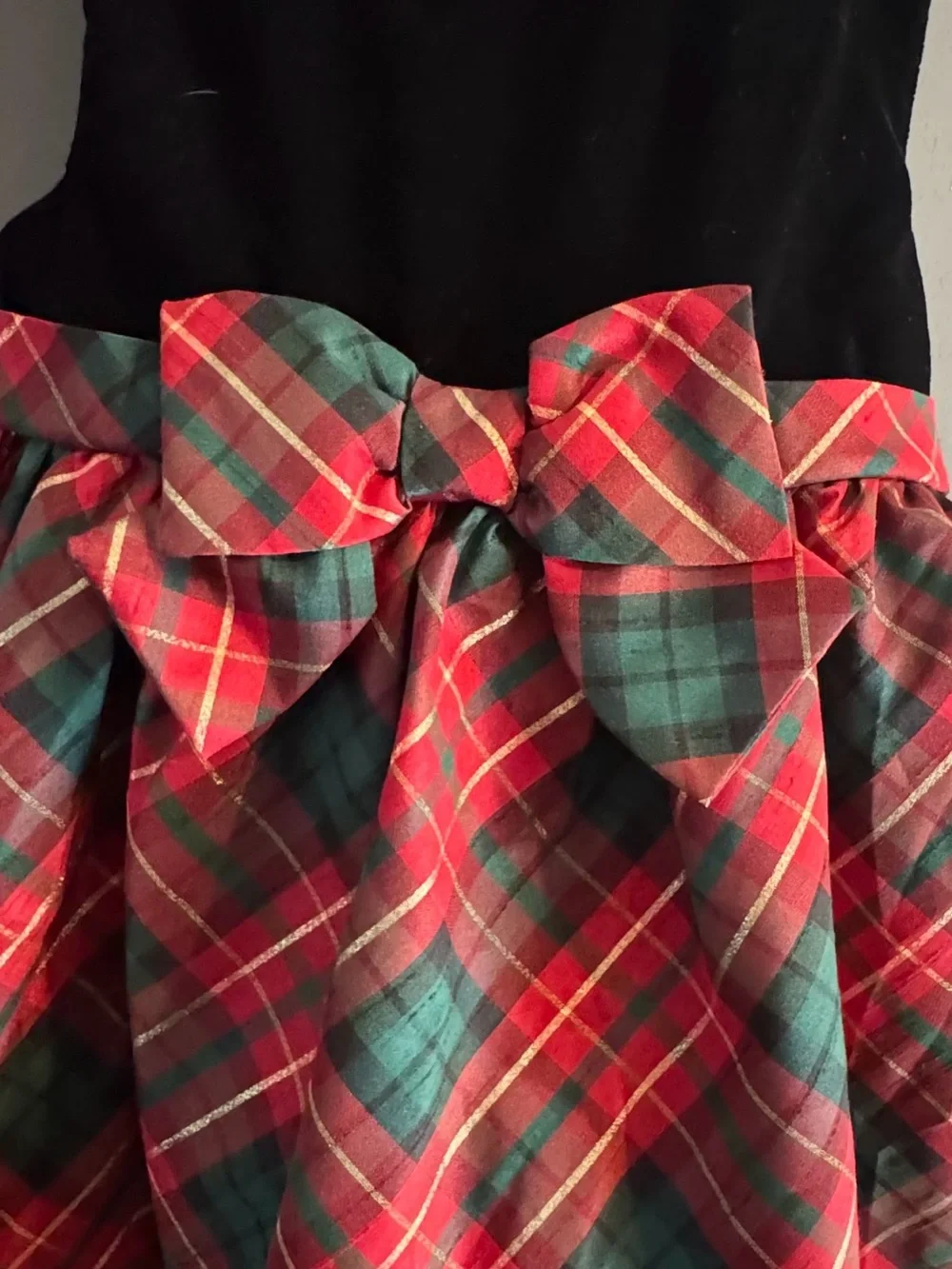 Girls Black Velvet Top Red & Green Plaid Bow Skirt